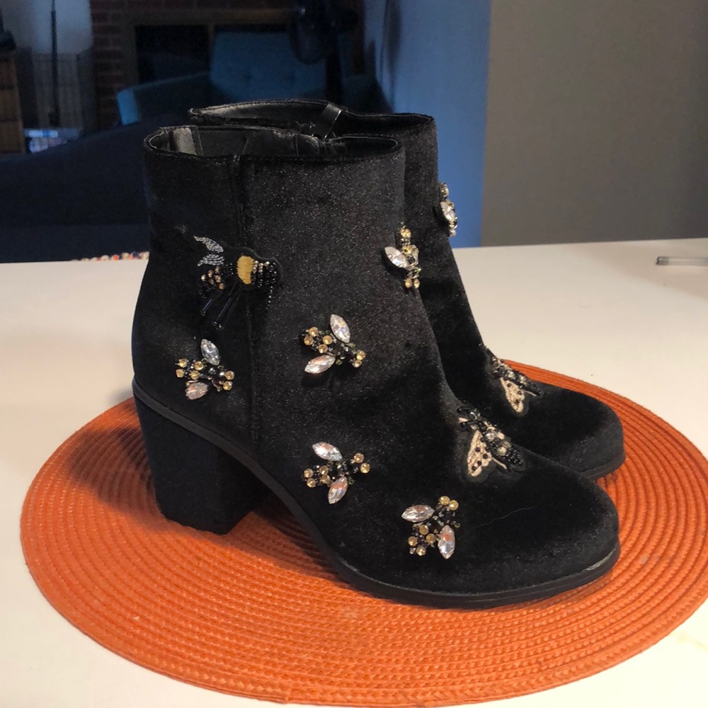 Black velvet Booties with Bee Embellishments